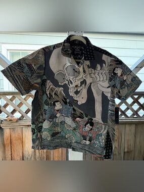 NWT Rebel Vengeance Japanese Samurai Skull Tapestry Button Up Shirt Shacket M